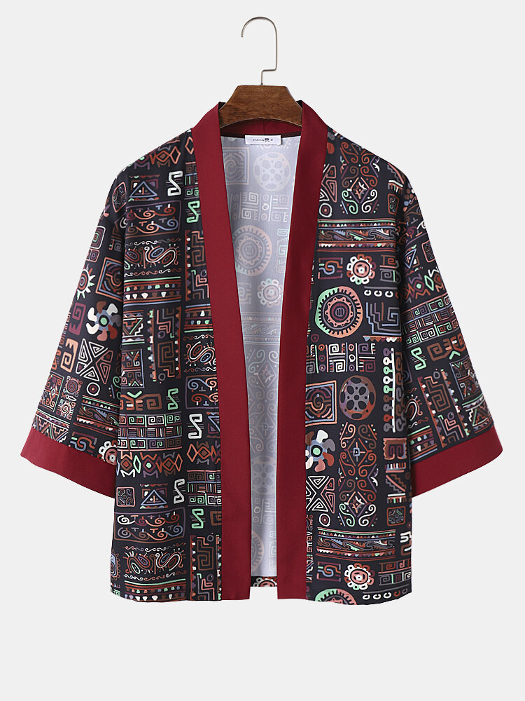 Heren etnische tribal geometrische print contrast trim losse kimono