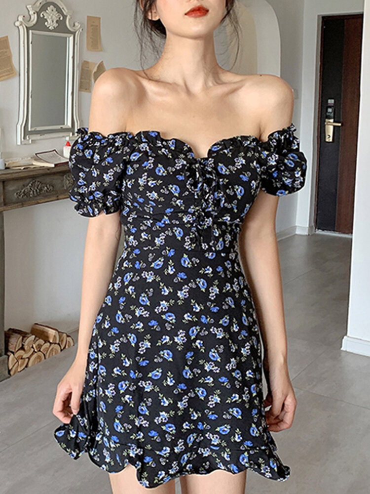 

Puff Sleeve Floral Sweet Leisure Summer Holiday Dress For Women