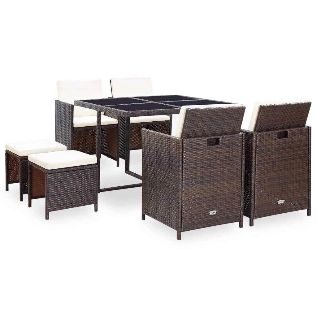 9 Piece Outdoor Dining Furniture Set with Cushions Poly Rattan Brown