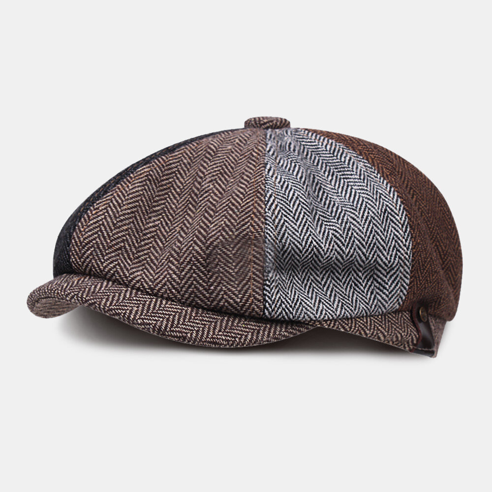Men Herringbone Color Matching Breathable Octagonal Hat British Retro Short Brim Windproof Newsboy Hat
