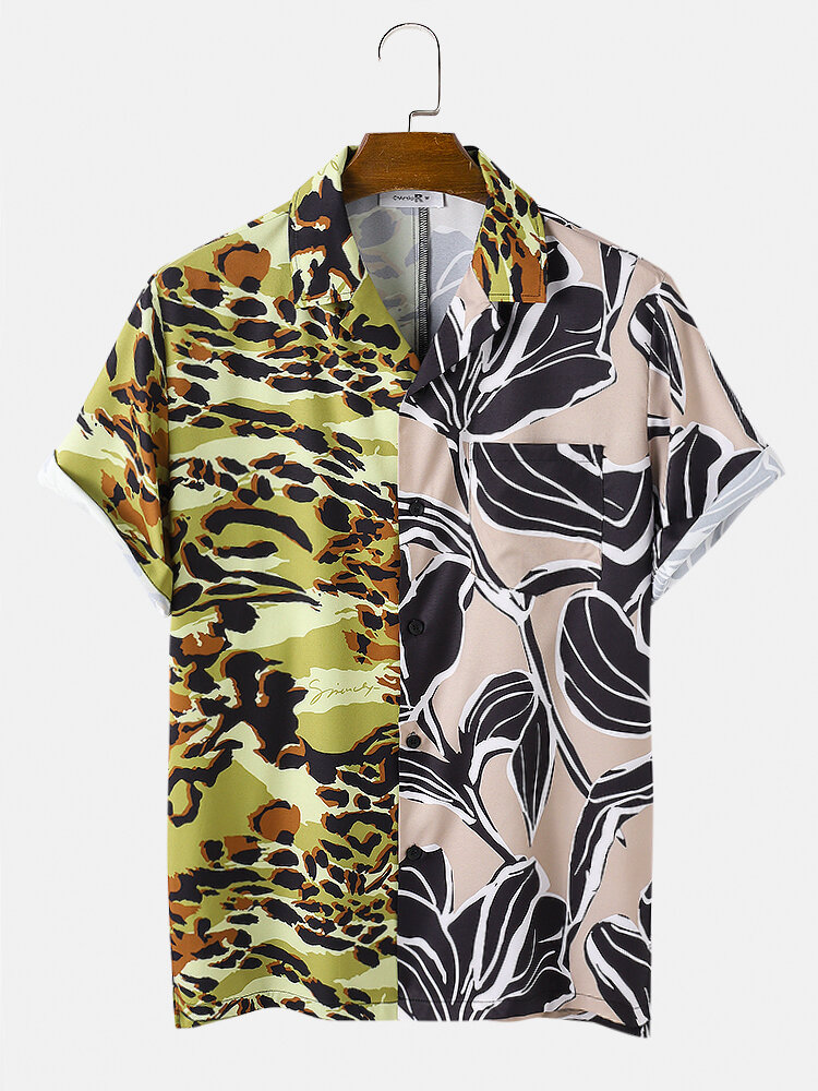 

Mens Tiger Pattern & Plant Print Patchwork Revere Collar Short Sleeve Shirt
