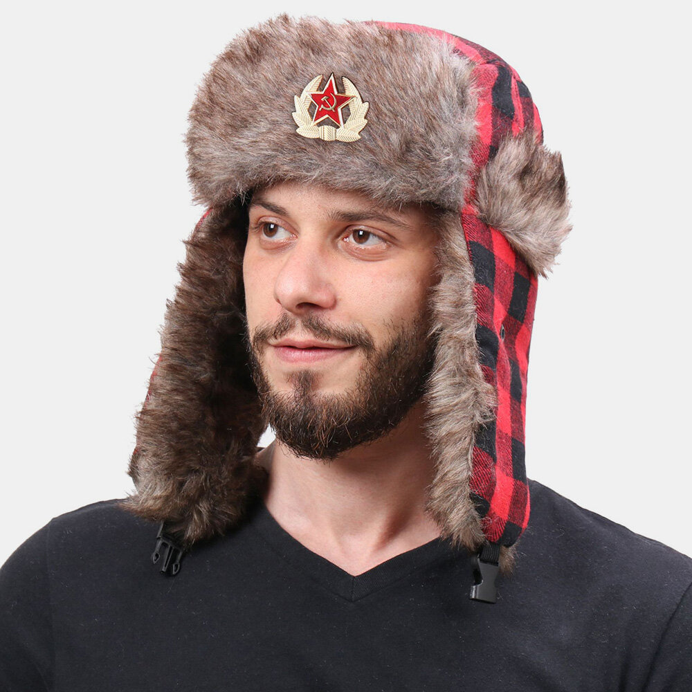 

Men Plush Plaid Soviet Badge Windproof Waterproof Ushanka Hat Outdoor Sport Thicken Ear Protection Warm Trapper Hat