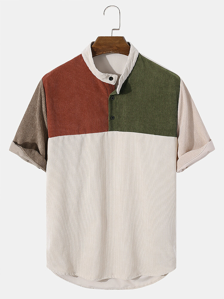Mens Corduroy Color Block Splice Henley Shirts