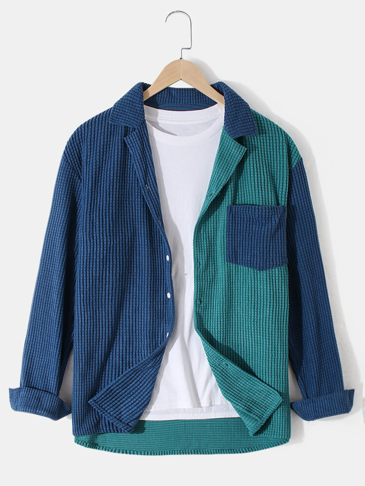 

Banggood Дизайн Мужские вельветовые рубашки с длинным рукавом в стиле пэчворк Revere с воротником и карманом