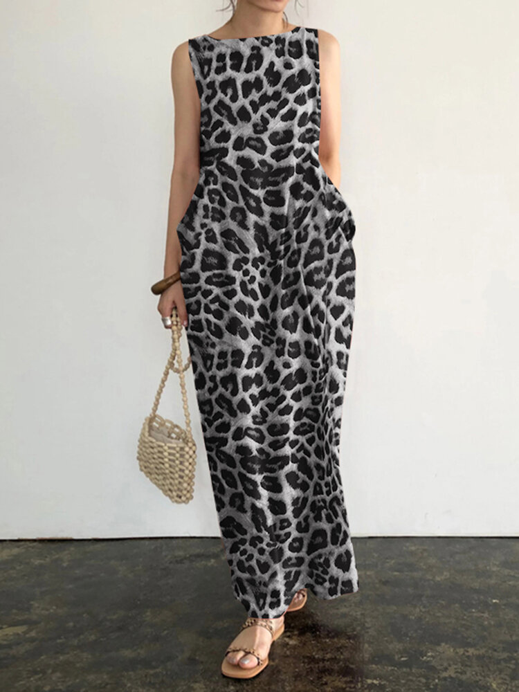 Sleeveless Pocket Leopard Print Round Neck Maxi Dress