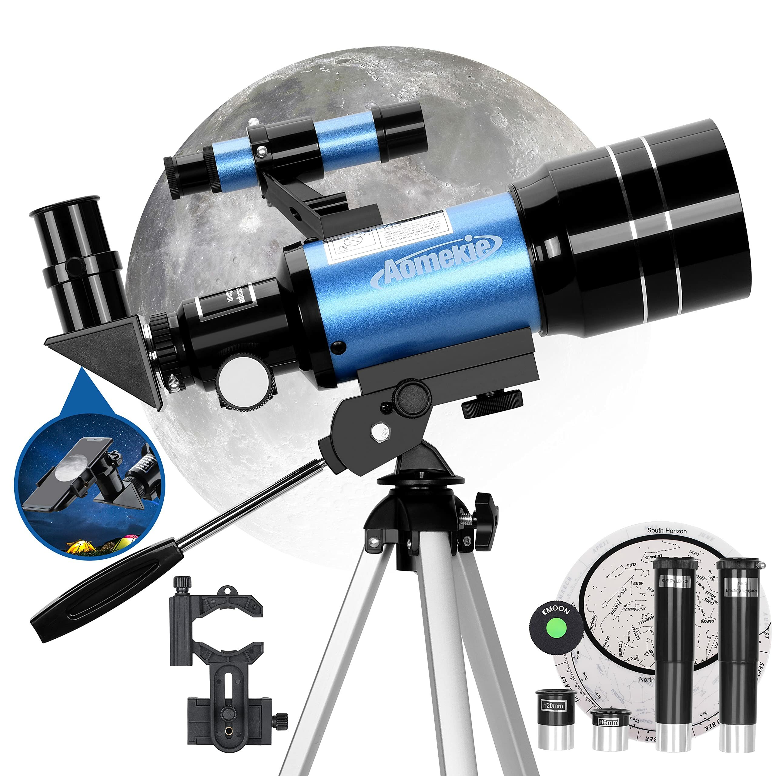 [EU Közvetlen] AOMEKIE AO2001 70 mm-es csillagászati távcső gyerekeknek 150X Erőteljes csillagászati távcső okostelefon adapterrel,állvánnyal,Barlow lencsével és kezdőknek való keresővel
