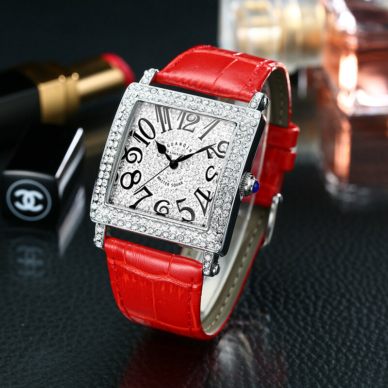 GUANQIN 19118 Diamond rechthoek uniseks polshorloge Ultra dun echt lederen band quartz horloge