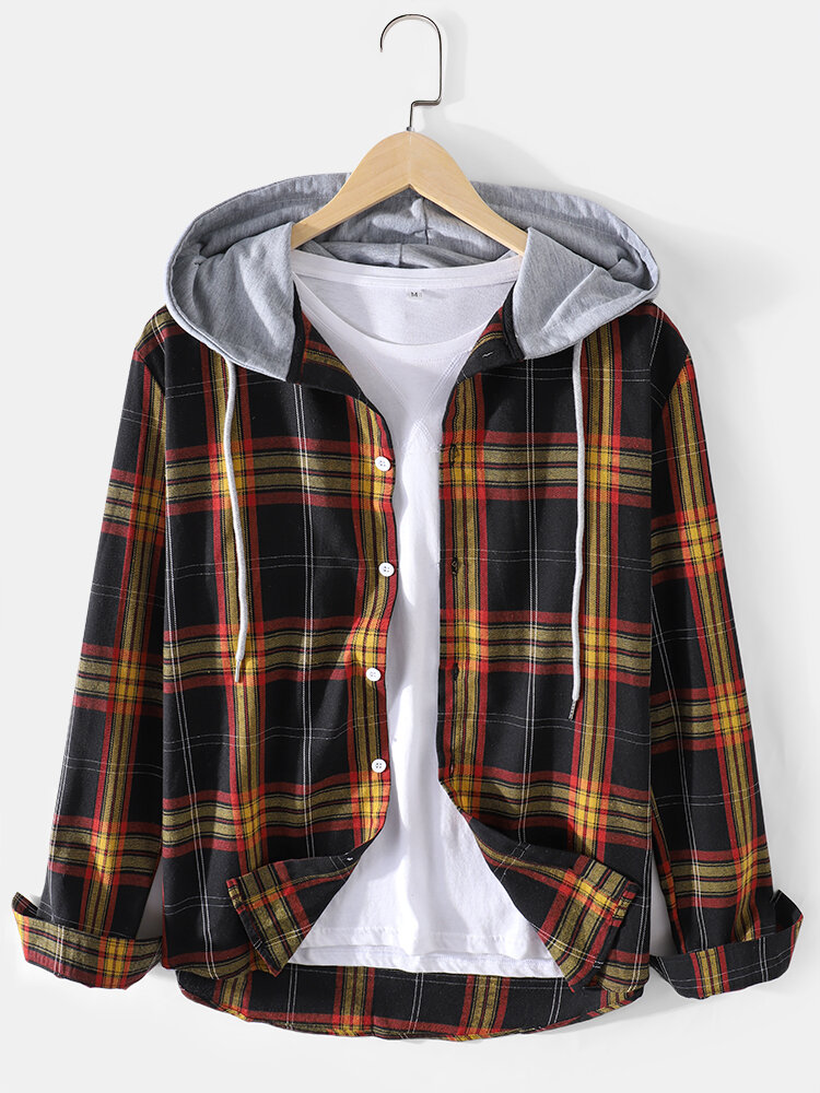 

Mens Tartan Button Up Long Sleeve Relaxed Fit Drawstring Hooded Jacket