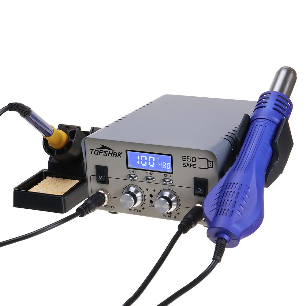 Topshak TS-CD4 680W 2 In 1 Rework Hot Air LCD Digital Display Soldering Station Independent Switch 3 Preset Memory Buttons PID Temperature Control Auto Standby & Working USB Charging Port Soldering Station - 220V EU Plug