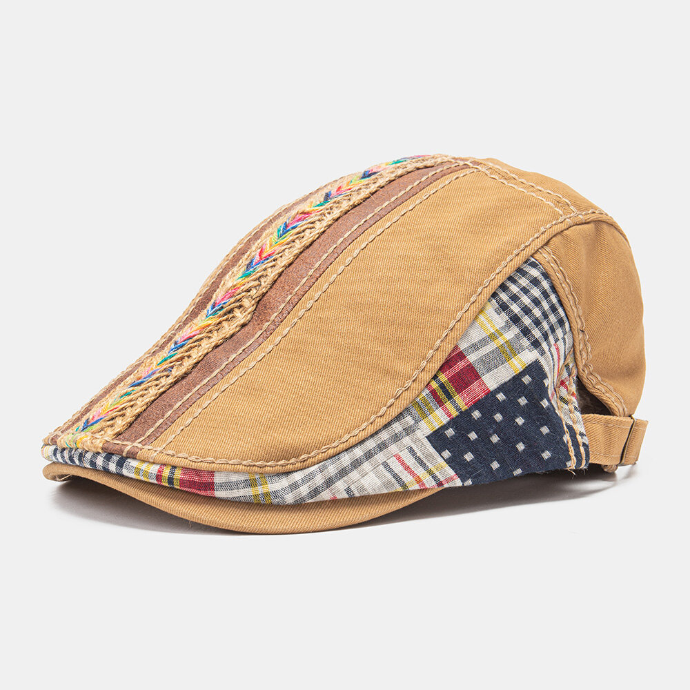 

Collrown Unisex Cotton Patchwork Rainbow-colored Woven Straw Rope Decoration Casual All-match Beret Flat Cap Ivy Cap