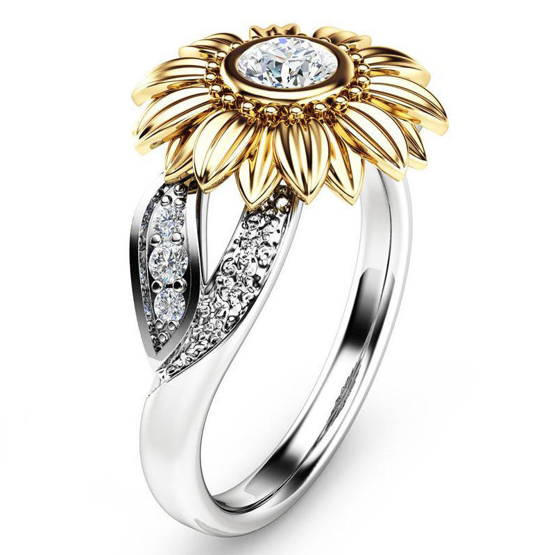 Vintage Zirkoon ingelegd goud zonnebloem hol blad platina Ring cadeau voor haar