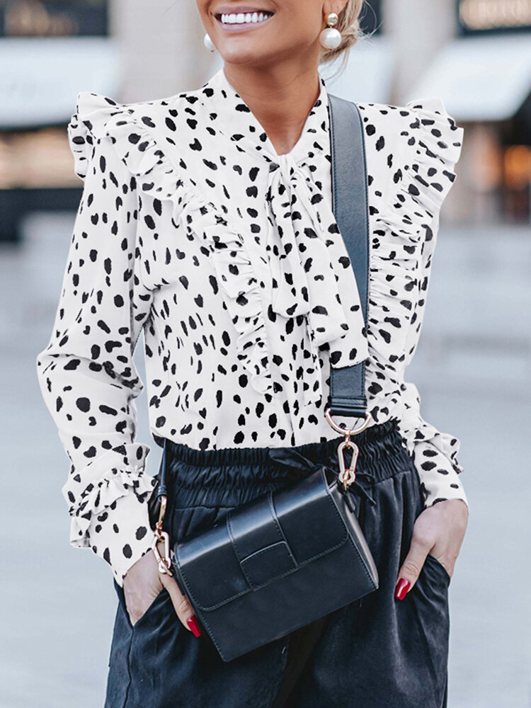 Women Polka Dot Print Ruffle Full Sleeve Business Commute Fitting Blouse