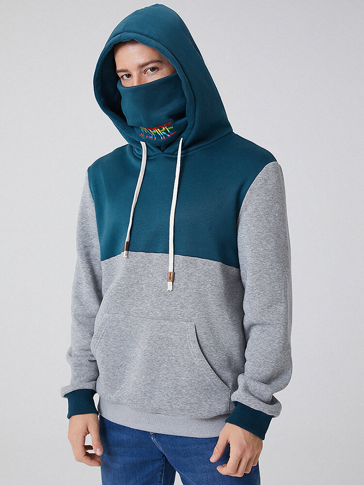 

Mens Contrast Patchwork Letter Embroidery Snood Hoodies With Kangaroo Pocket