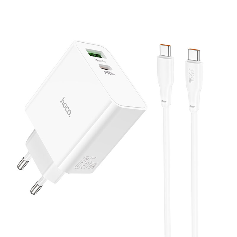 HOCO C113A PD 65W Dual Ports USB-A Type-C Fast Charging Wall Charger Adapter EU Plug With 1m Long Type-C to Type-C Cable