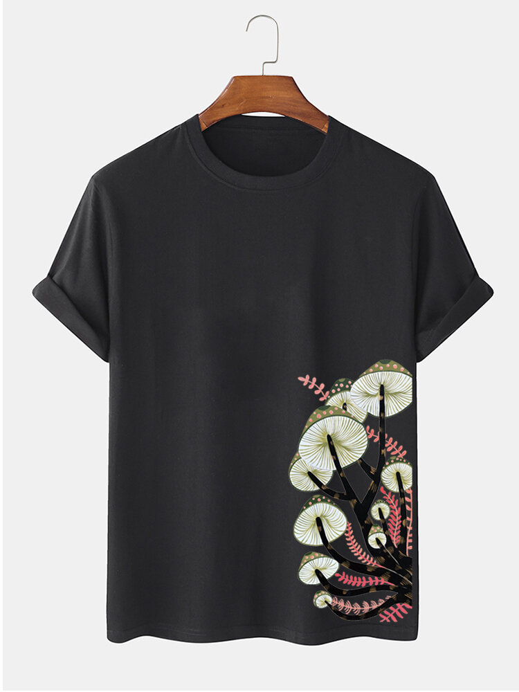 Heren T-shirt van 100% katoen met paddenstoel en zijprint, O-hals met korte mouwen