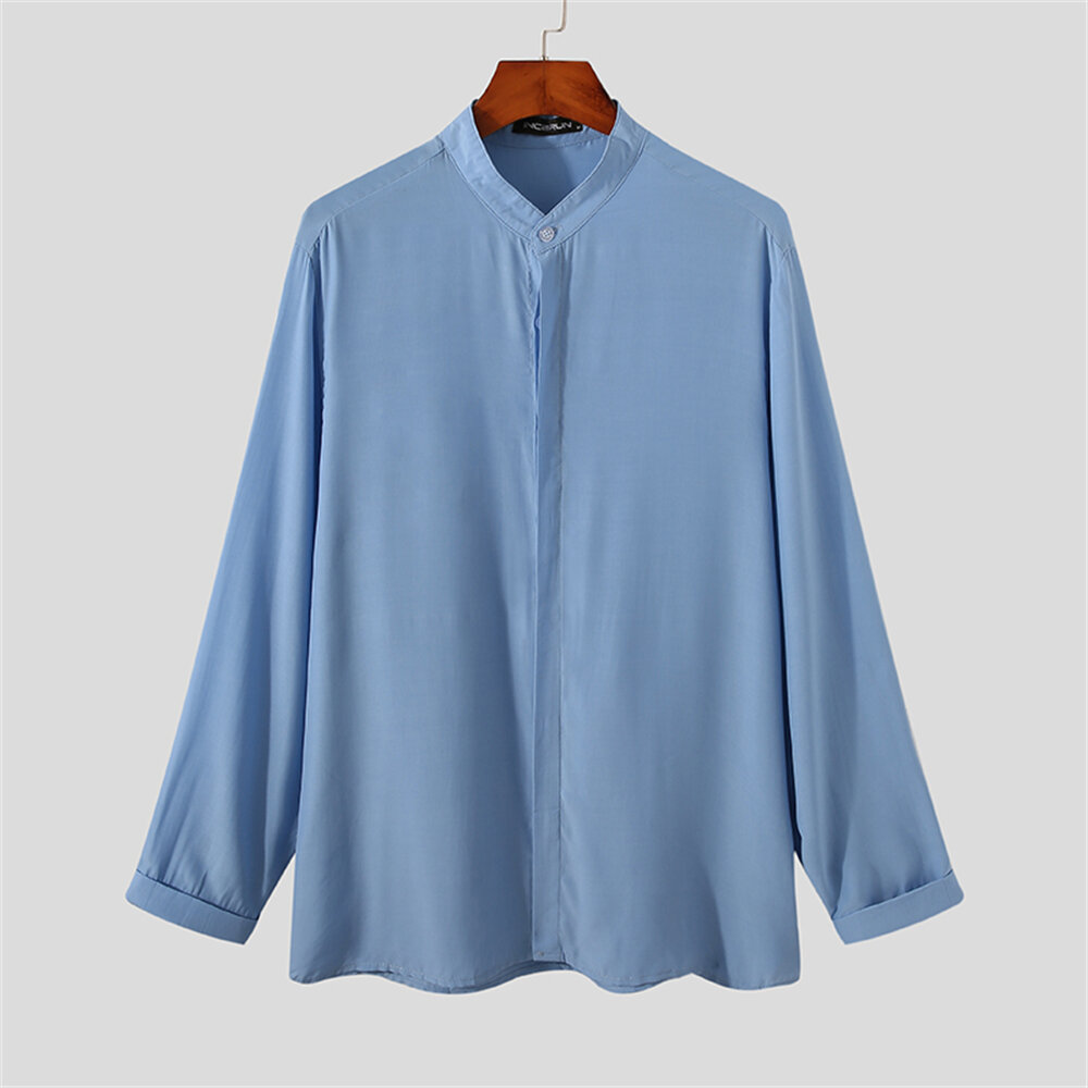 Men Breathable Stand-up Collar Silky Solid Color Shirts