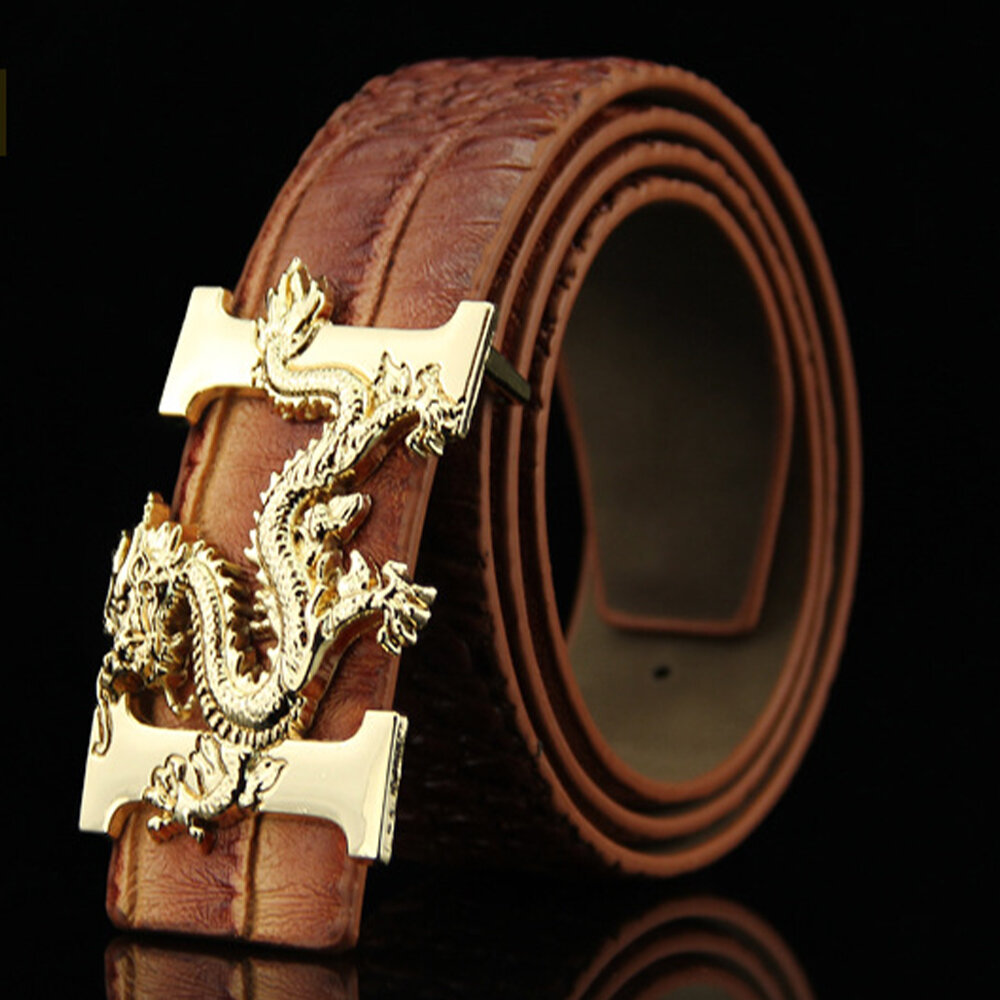 Men Faux Leather 135cm Fashion Personality Alligator Pattern Gold Dragon Decor Belt