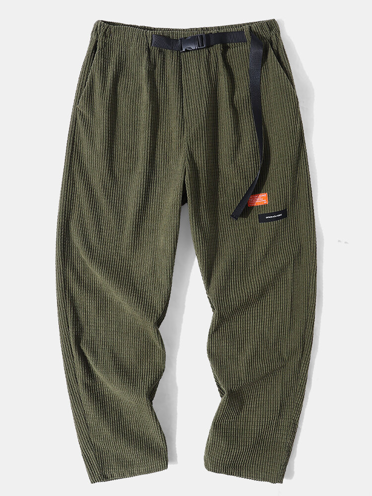 Men Corduroy Solid Elastic Waist Pockets Ankle Length Casual Pants