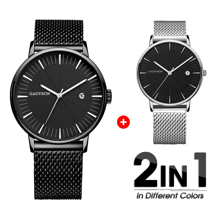 

2PCS GADYSON A9105 Calendar Casual Style Men Wristwatch Full Steel Luminous Display Quartz Watch