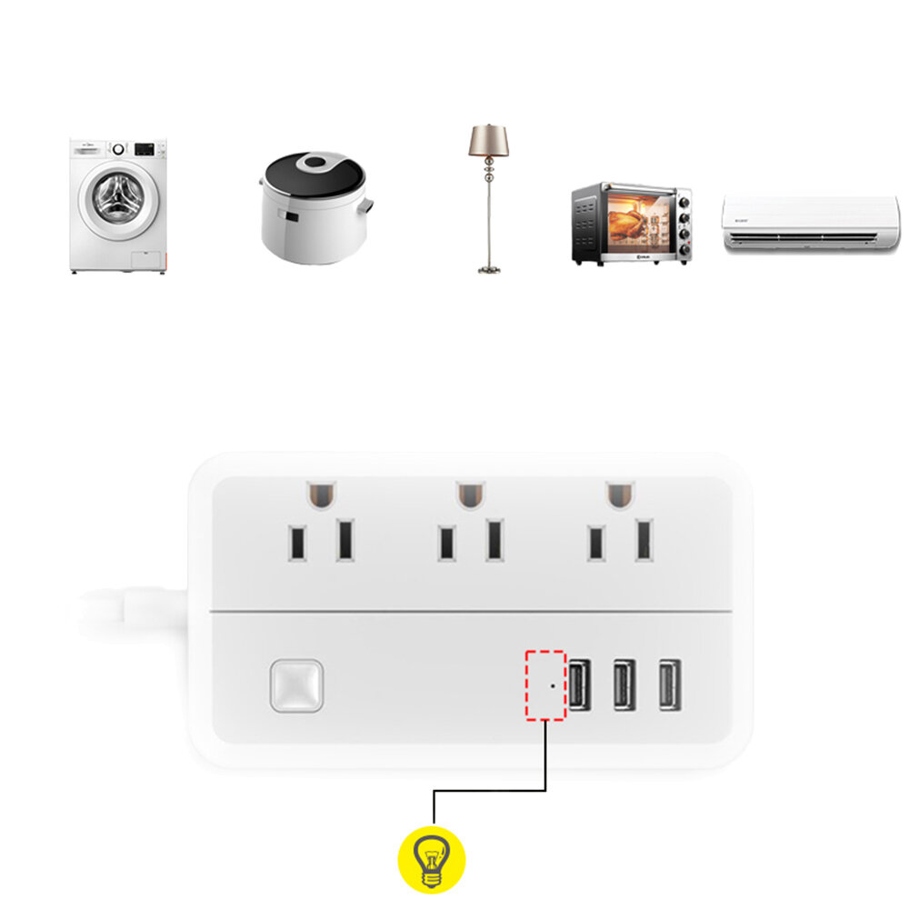 DHEKINGD D222 US Plug Sockets with 3 Outlet 3 USB Sockets Overload Switch Surge ProtectorWith Extension Cable Switch Pow