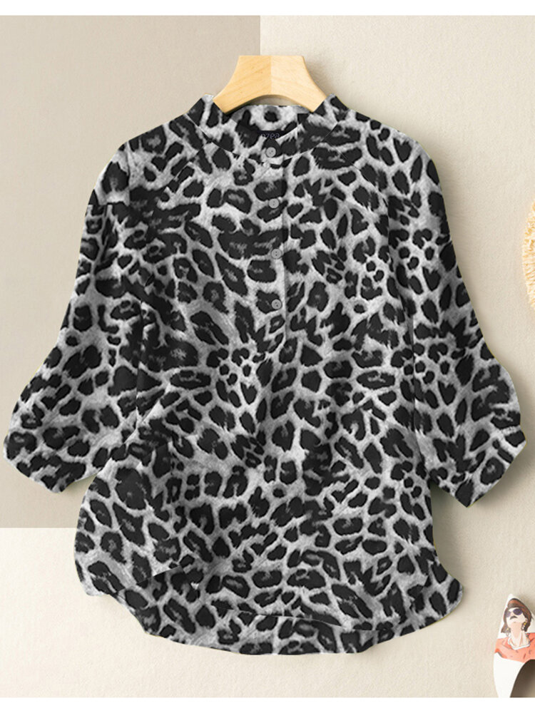 Leopard Print Stand Collar Button 3/4 Sleeve Women Blouse