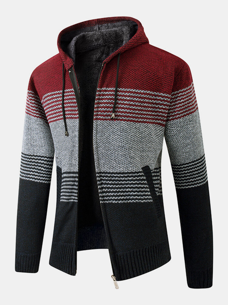 

Mens Stripe Colorblock Knitted Fleece Lined Warm Hooded Cardigans With Pocket