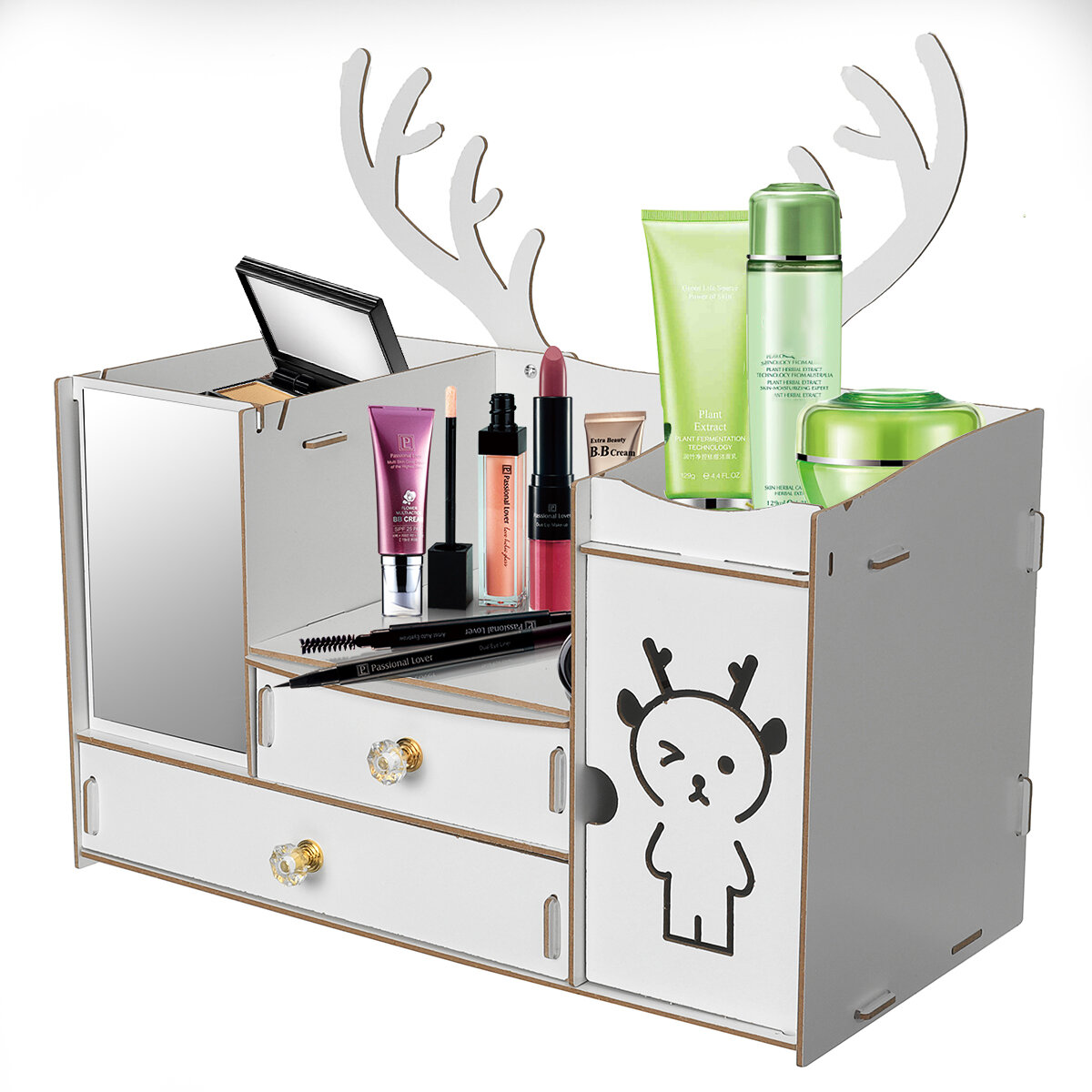 Clear Wood Desk Cosmetic Organiser Lipstick Brush Holder Makeup Storage Case