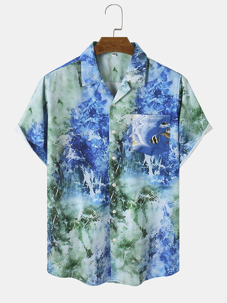 Heren Ocean Waves Print Spliced Single Chest Pocket Hawaiian Holiday Shirts