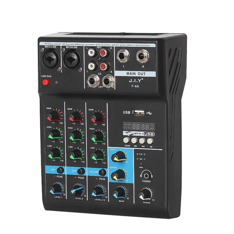 

JIY F-4A Audio Mixer 4-канальный Bluetooth-микшер Профессиональный караоке с USB Усилитель DJ Sound Mixing Console Музык