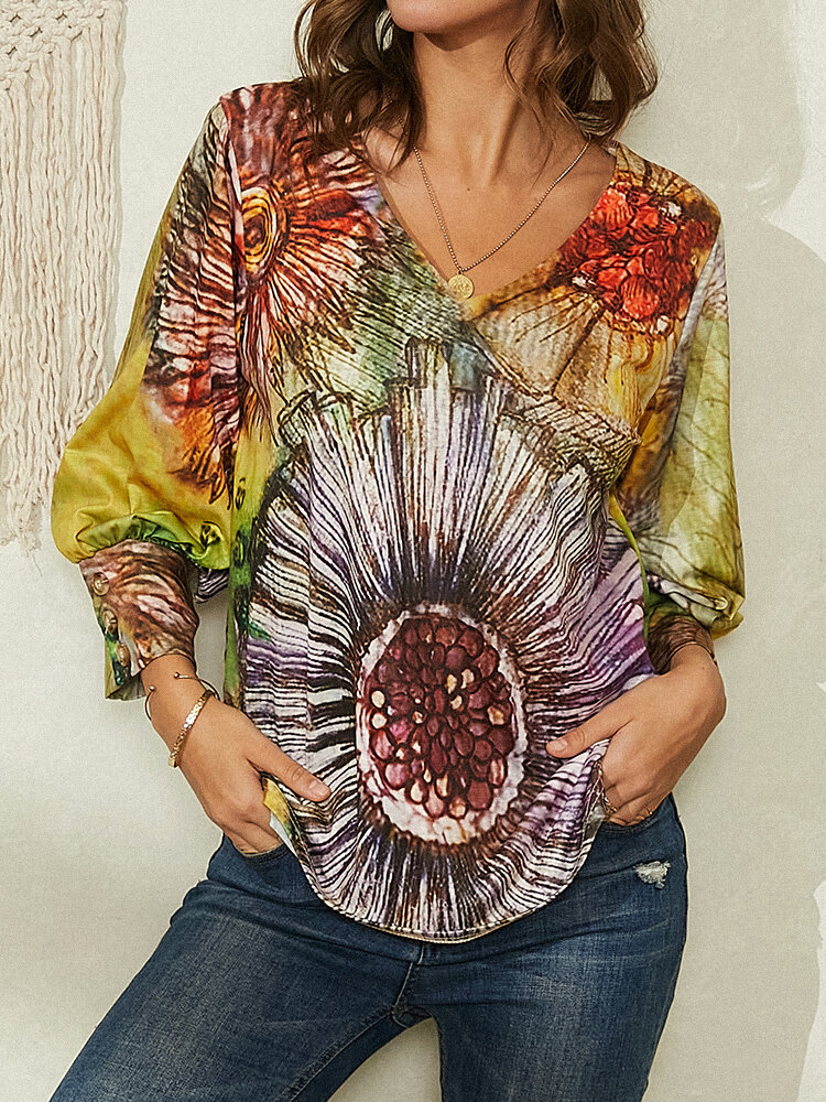 

Women Vintage Abstract Sunflowers Printed V-Neck Long Sleeve Casual Blouse