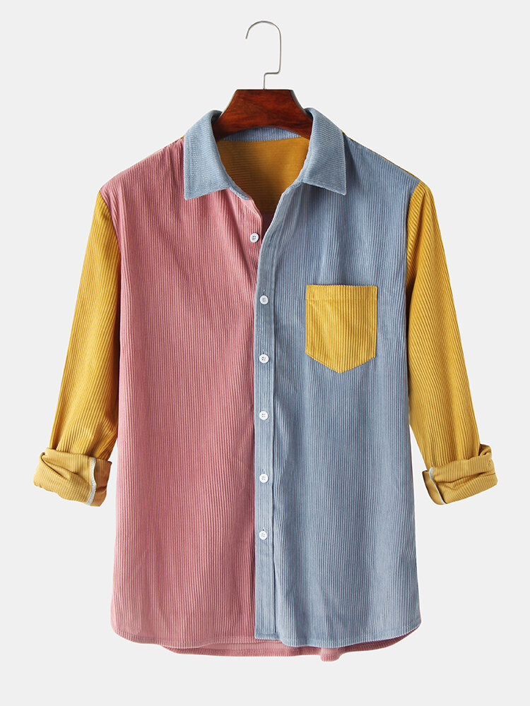 

Mens Corduroy Patchwork Color Block Relaxed Fit Long Sleeve Shirts With Pocket