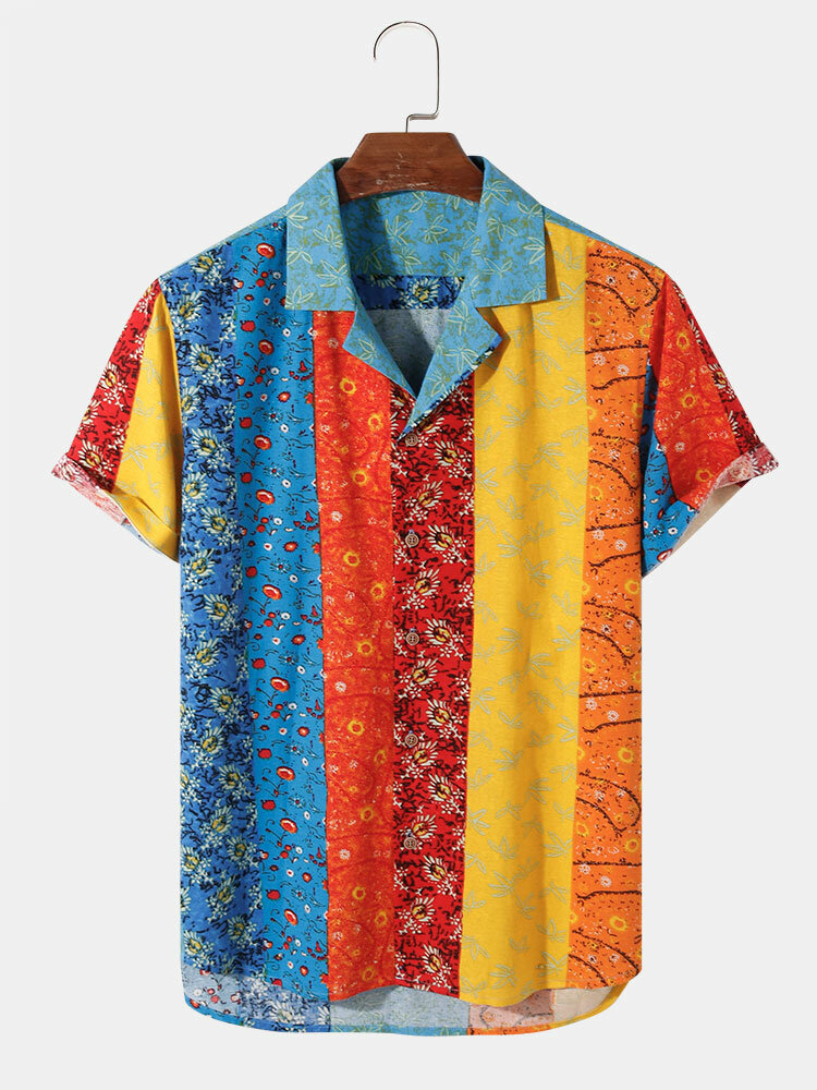 

Mens 100% Cotton Colorful Stripe Flower Print Revere Collar SHort Sleeve Shirt