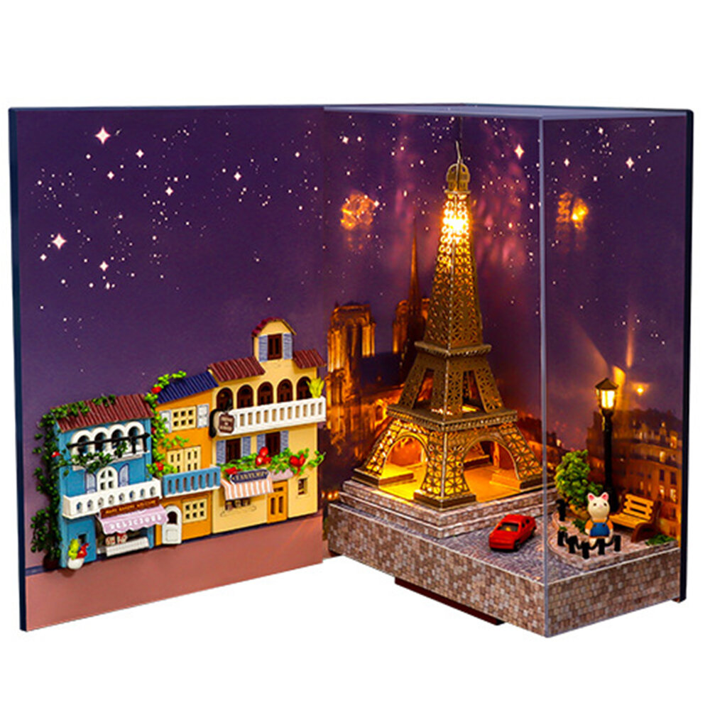 VIAI Eiffeltoren DIY 3D Boek Stand Nook Plank Insert Kits met Stofkap & LED Licht Puzzel Speelgoed v