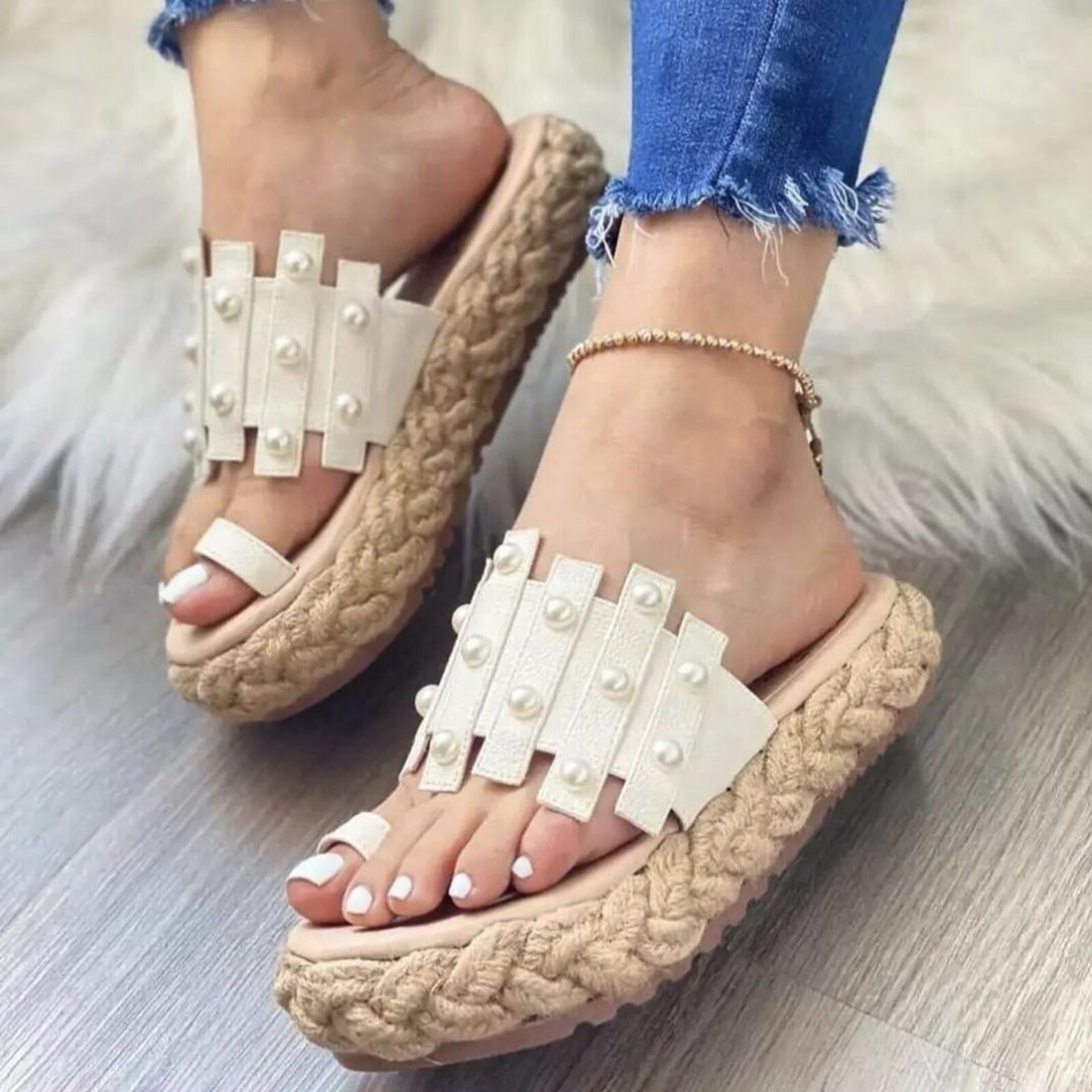 Plus Size Women Casual Summer Beach Vacation Pearls Decor Espadrilles Platforms Thumb Slippers