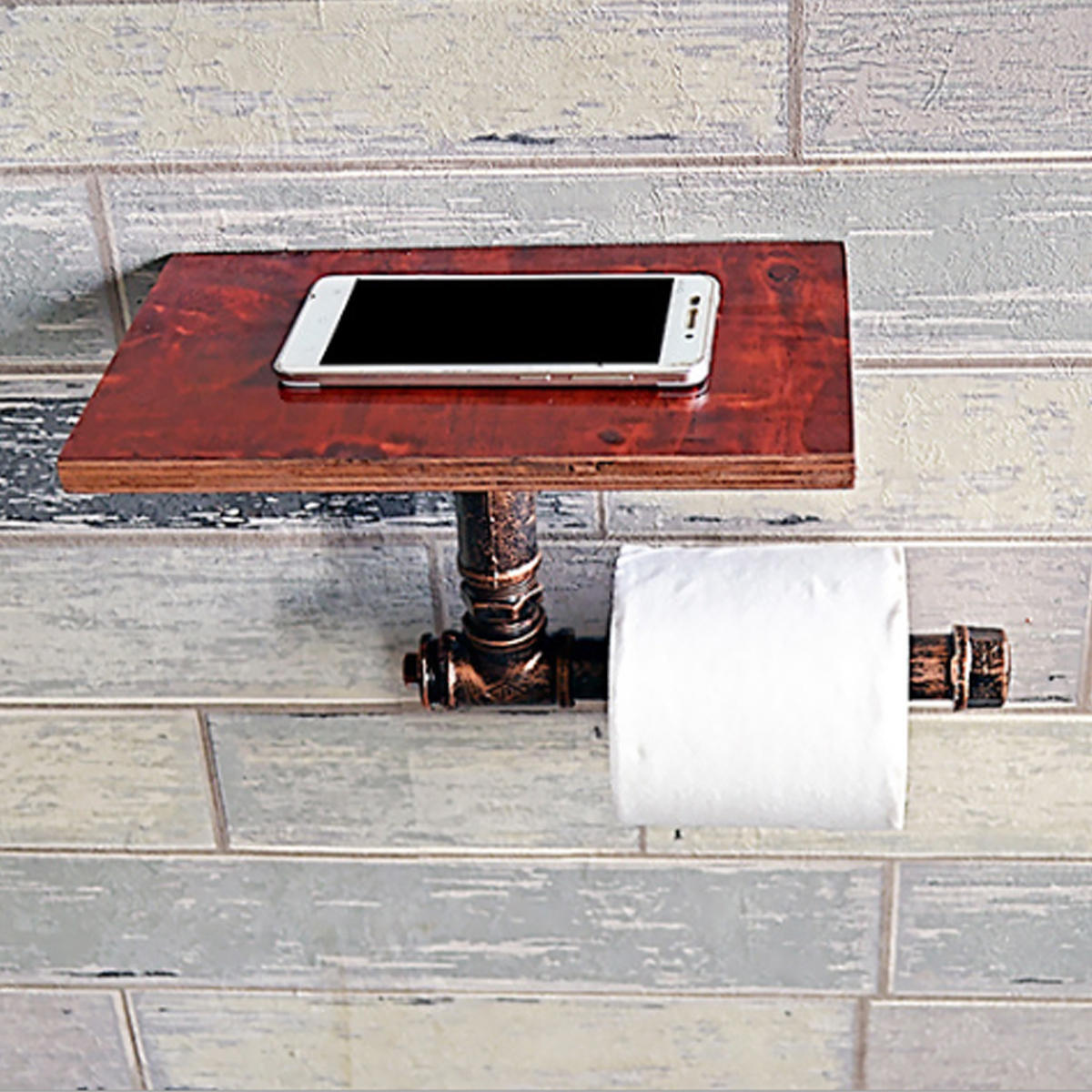 Vintage toiletrolhouder houten metalen retro badkamer staande opberghouder