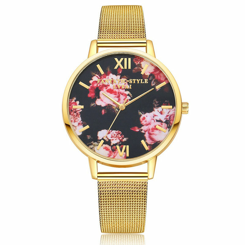 LVPAI Mesh Steel Band Casual Style Ladies Wrist Watch Flower Elegant Design Quartz Watch