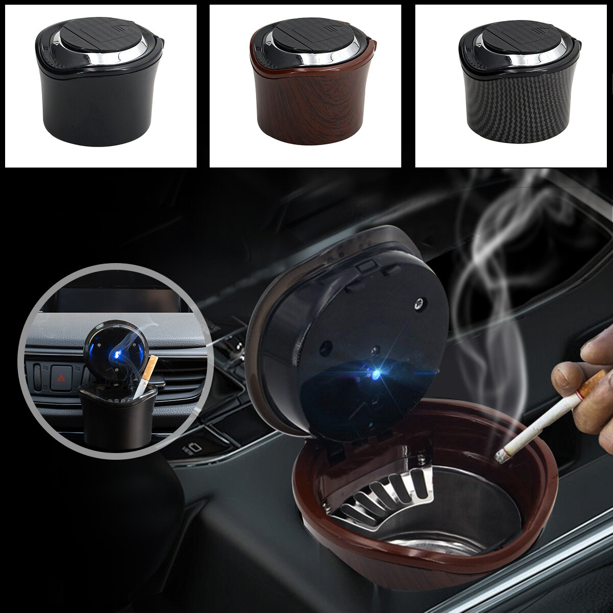 

N15A Portable Car Ashtray With Blue LED Light Automatic Lights Up Smoke Cup Ash Tray