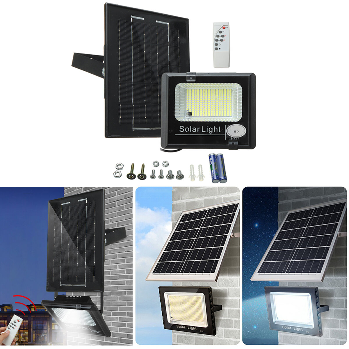 Projecteur solaire LED avec télécommande, lampe murale étanche IP67 alimentée par énergie solaire pour jardin extérieur
