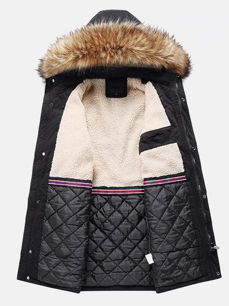 Men’s Warm Solid Color Windproof Multi Pocket Detachable Faux Fur Collar Hooded Coat