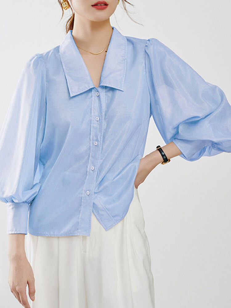 Women Pure Color Button Up Lapel Puff Sleeve Casual Shirts