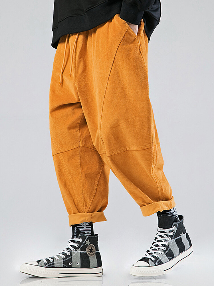 Mens Solid Color Corduroy Multi Pocket Loose Drawstring Pants