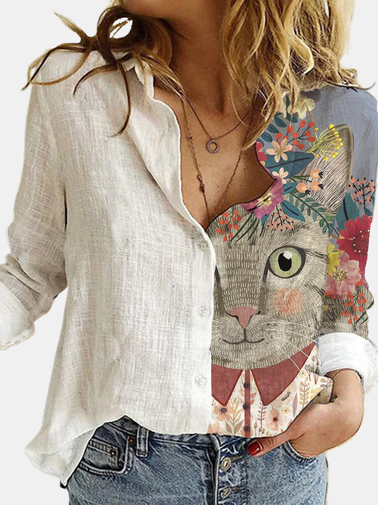 Women Cute Cartoon Cat Print Lapel Collar Button Up Long Sleeve Shirts