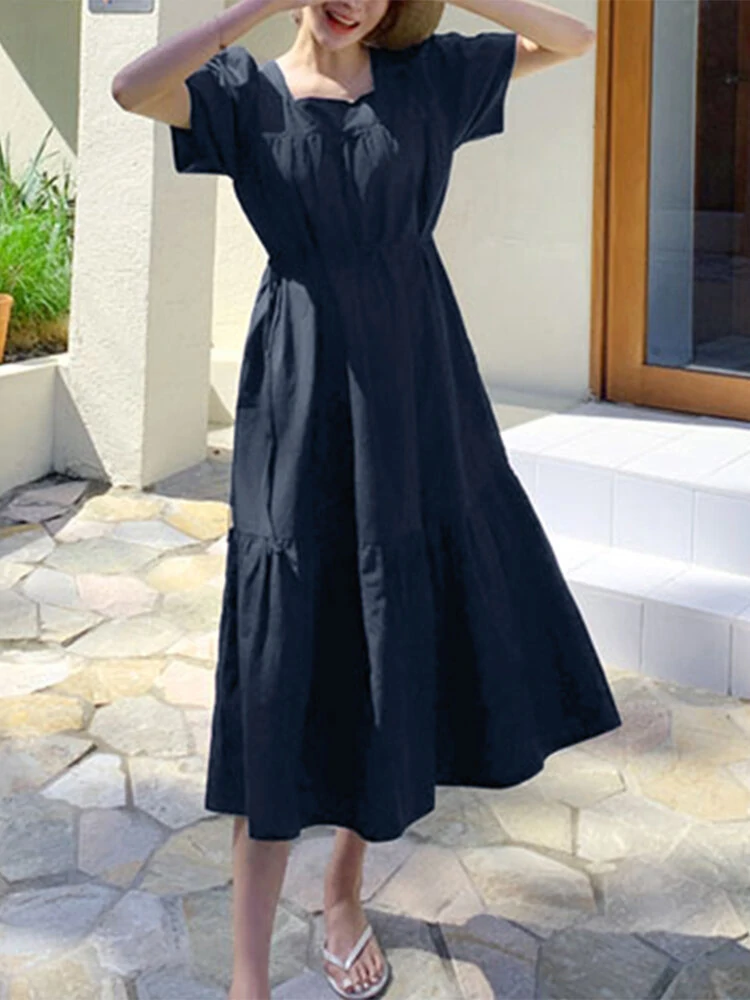 Leisure solid tie-up ruched square collar maxi dress