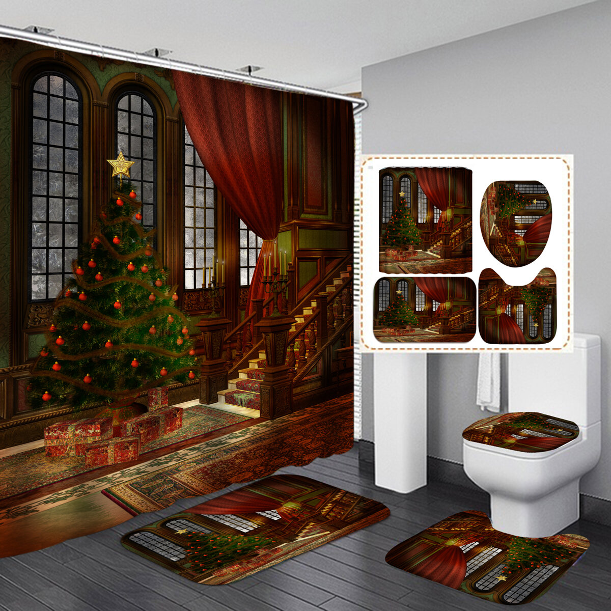 3D Badkamer Sets Kerstbomen Haard Douchegordijn Badmatten Wc Tapijten Antislip Tapijt Festival Decor
