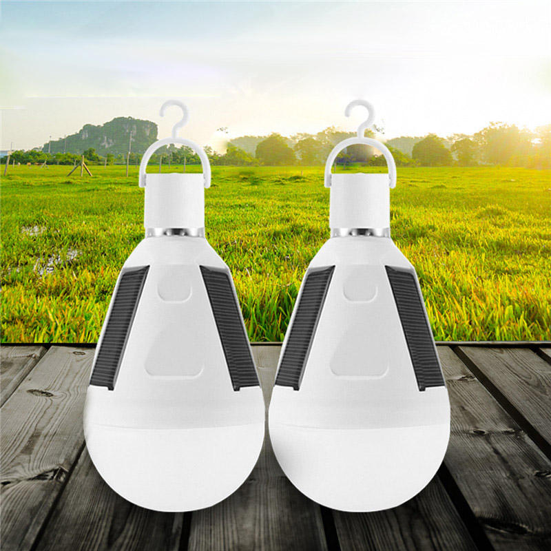 2pcs 7W Solar Powered E27 LED Rechargeable Light Bulb Tent Camping Emergency Lamp with Hook