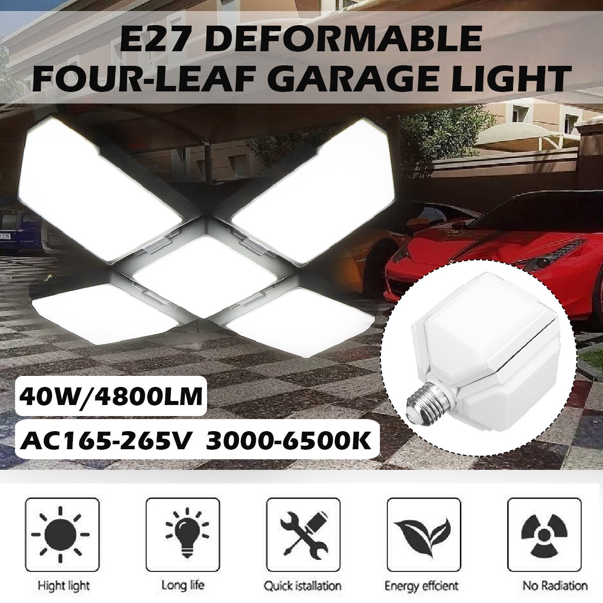 40W E27 LED-garageverlichting Vierbladige vervormbare hoogbouwlamp Plafond Magazijn Werkplaats Indus