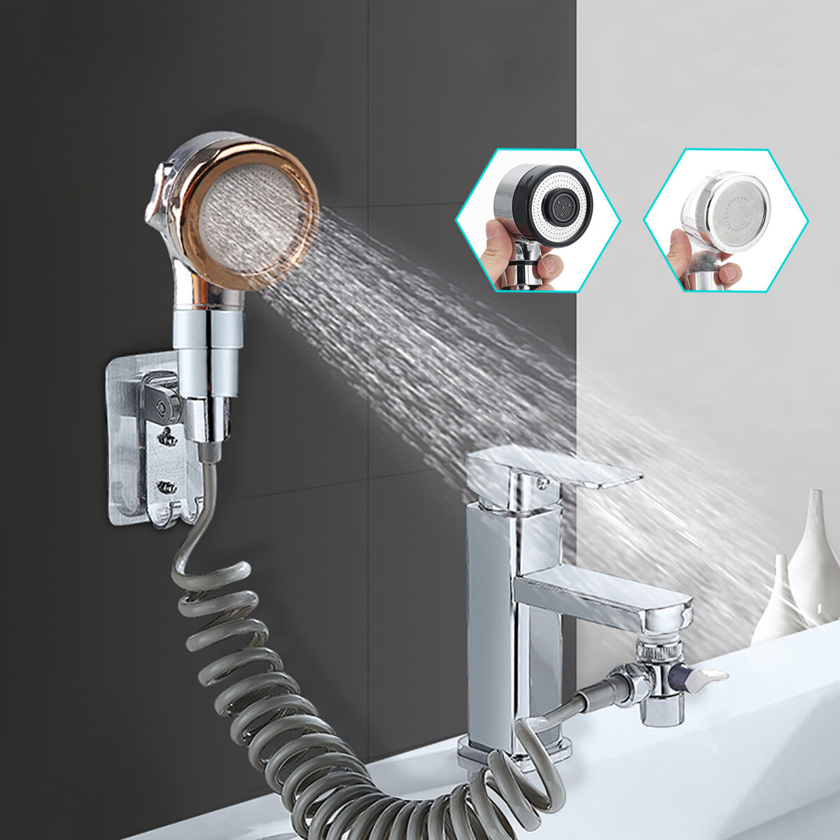 Bathroom Wash Face Basin Water Tap External Shower Head HandHeld Bidet Sprayer Wash Jet Diverter Kit Set