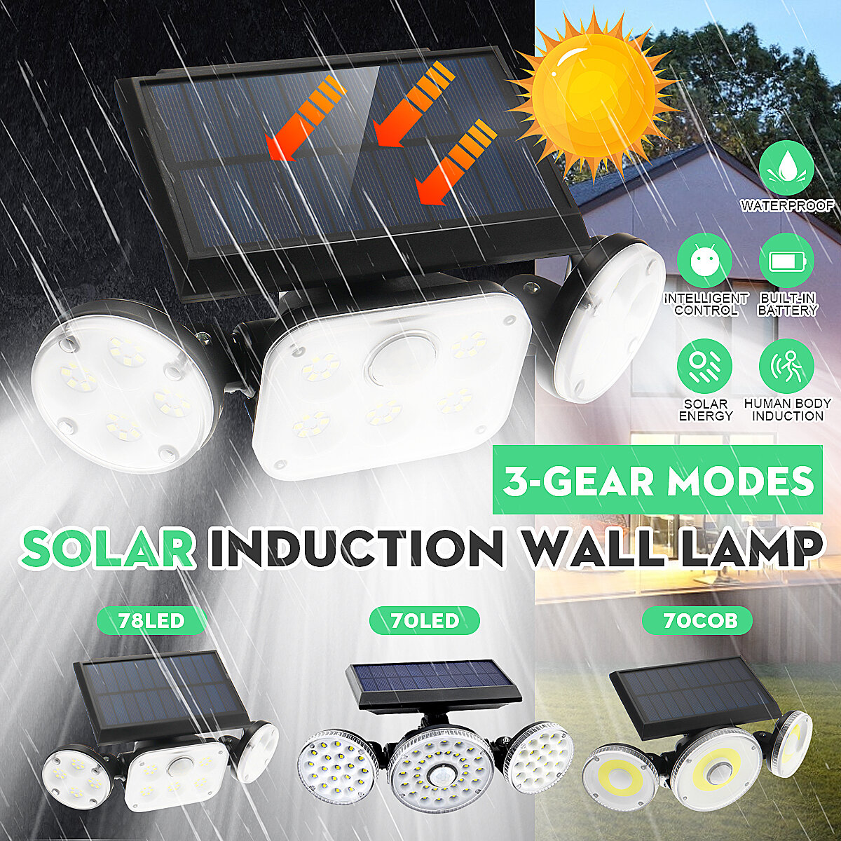 70COB/70LED/78LED Solar Motion Sensor Light Outdoor 3-Head Security Wall Lamp Floodlight Waterproof