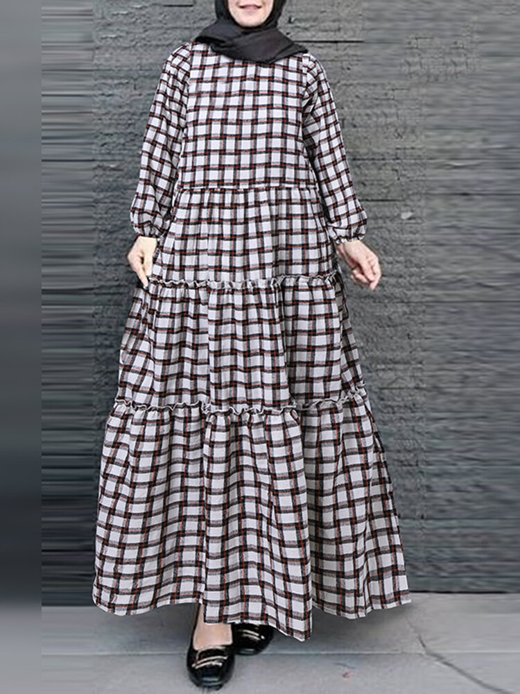 Dames raster gedrukte ruches zoom stiksels ontwerp gelaagde maxi-jurk