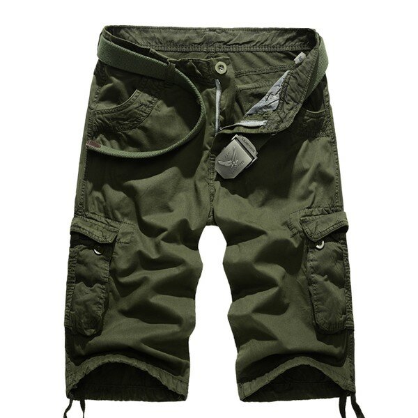 Summer mens cotton beach shorts big pockets washed solid color cargo ...